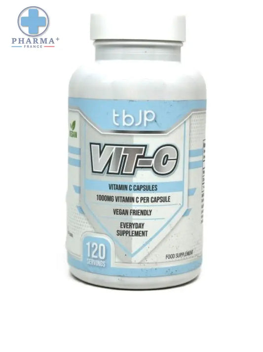 Bouteille blanche en plastique avec étiquette bleu clair et argent tbjp vit-c complément alimentaire vitaminé 120 gélules véganes
