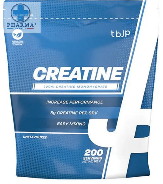Pochette bleue et blanche de créatine monohydrate tbjp complément alimentaire destiné aux sportifs 200 portions unflavorisée