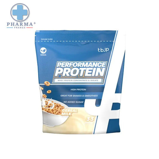 Blue and white package of tbjp performance protéine saveur cereal milk 2kg featuring a cereal milk illustration