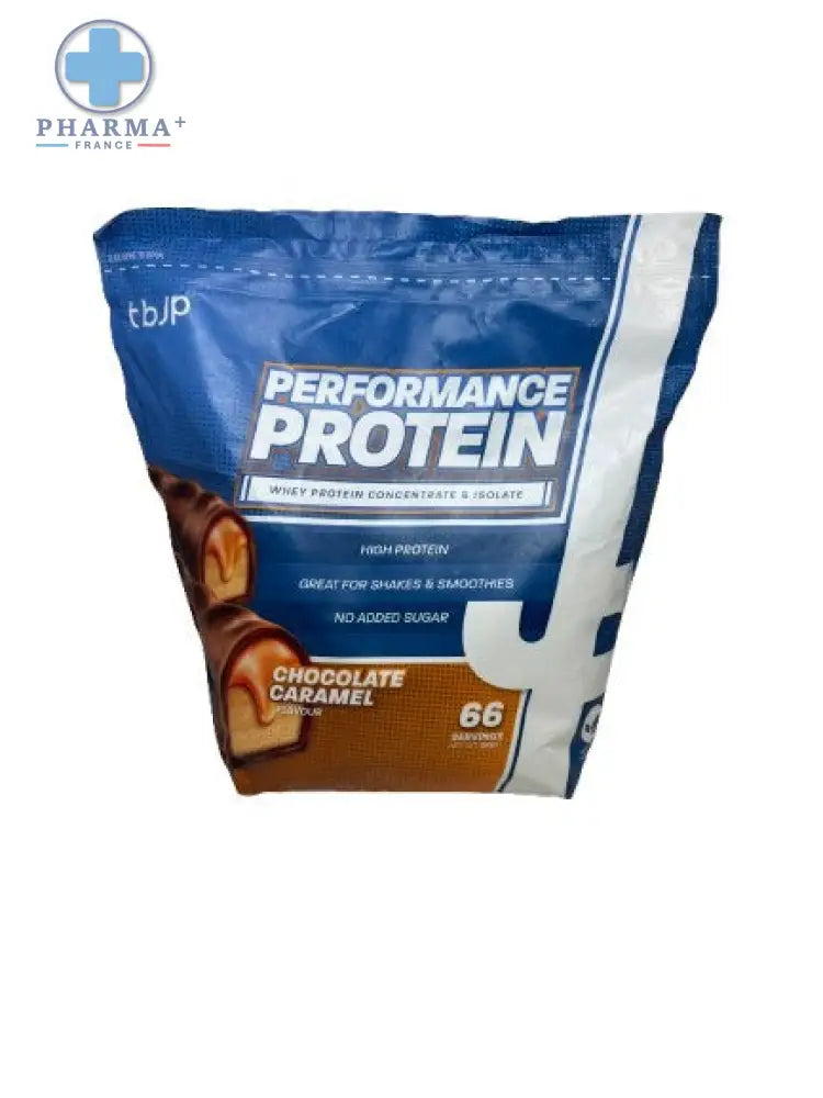 Sac bleu et blanc de tbjp performance protéine chocolat caramel 2 kg pour nutrition sportive protéinée