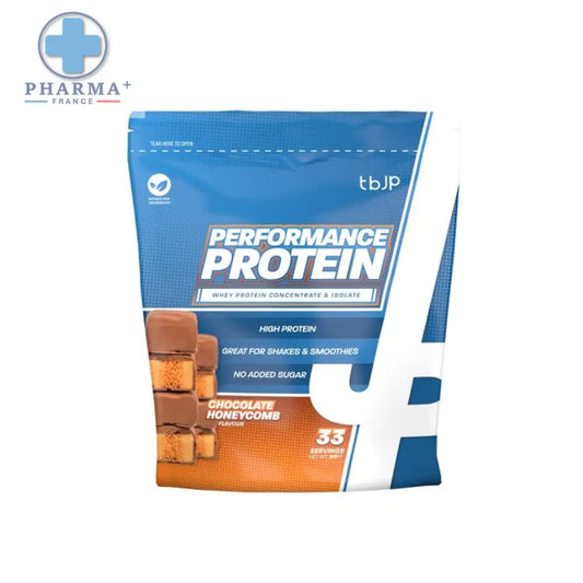 Tbjp performance protéine nutrition sportive protéinée saveur chocolate honeycomb en emballage bleu et blanc 2 kg