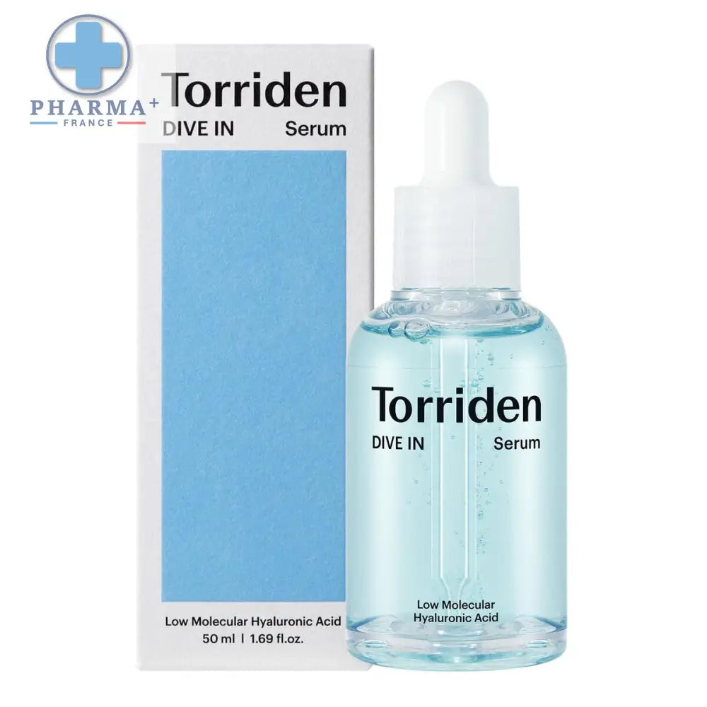 Flacon en verre transparent avec sérum torriden dive-in acide hyaluronique hydratant bleu clair 50 ml