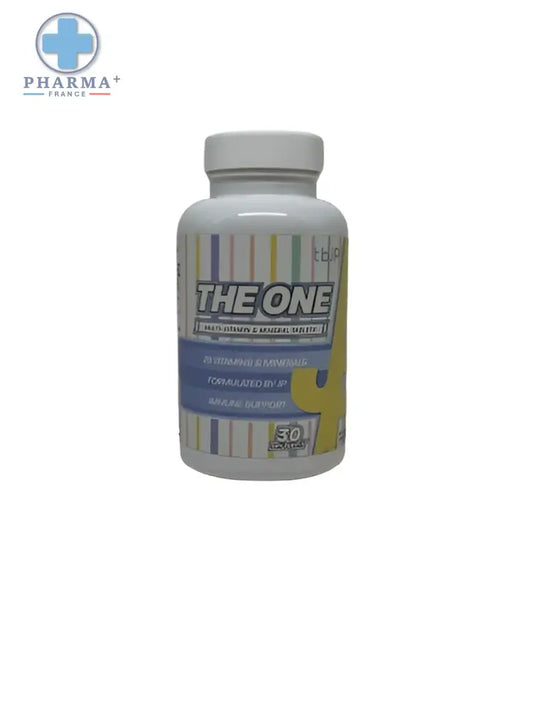 Bouteille blanche en plastique avec étiquette rayée colorée du complément multivitamines the one 60 gélules entraîné par jp