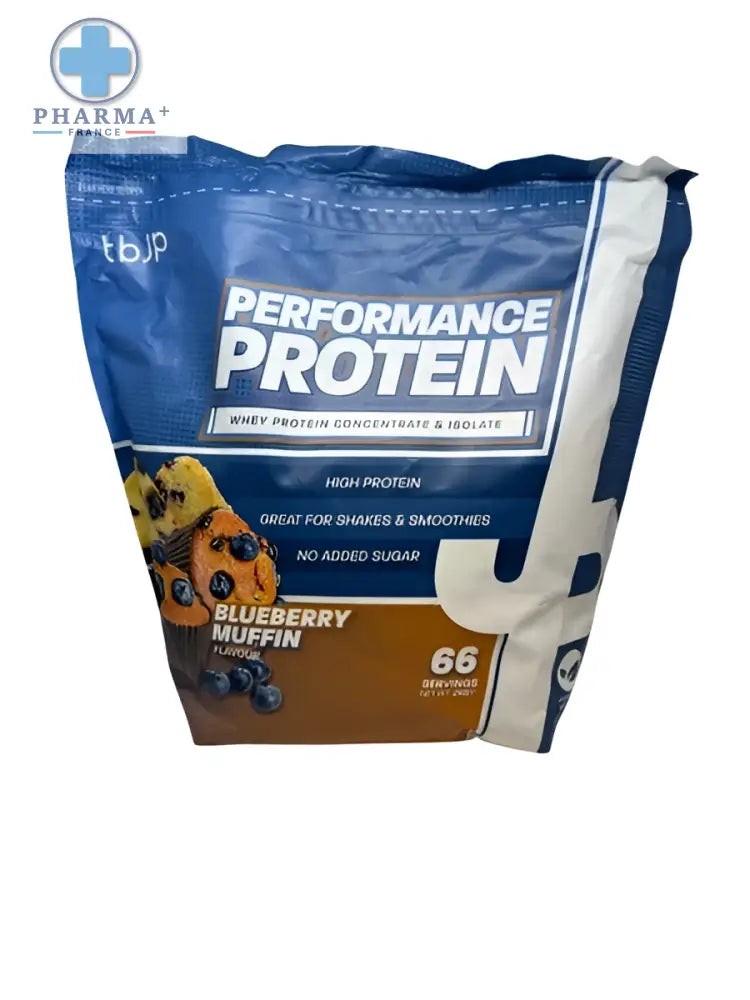 Trainé par JP performance protéine blueberry muffin en sachet 2kg bleu et blanc pour nutrition sportive protéinée