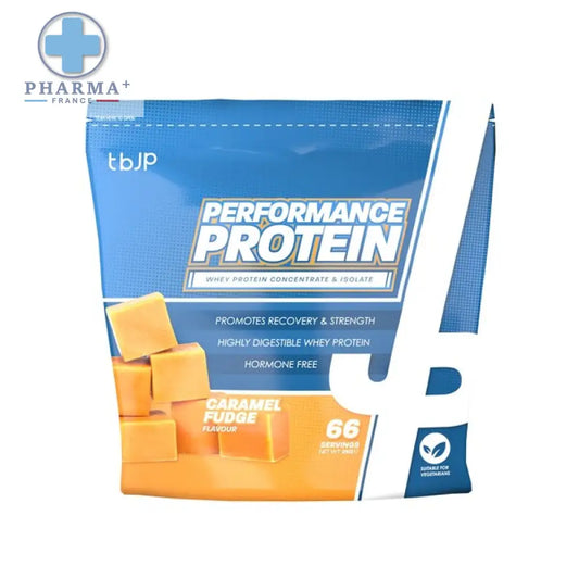 Poche bleue et blanche de performance protéine caramel fudge tbjp avec design cubes de bonbons orange pour nutrition sportive protéinée