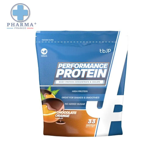 Pochette bleue et blanche de performance protéine chocolat orange tbjp avec illustration dorange au chocolat pour nutrition sportive protéinée