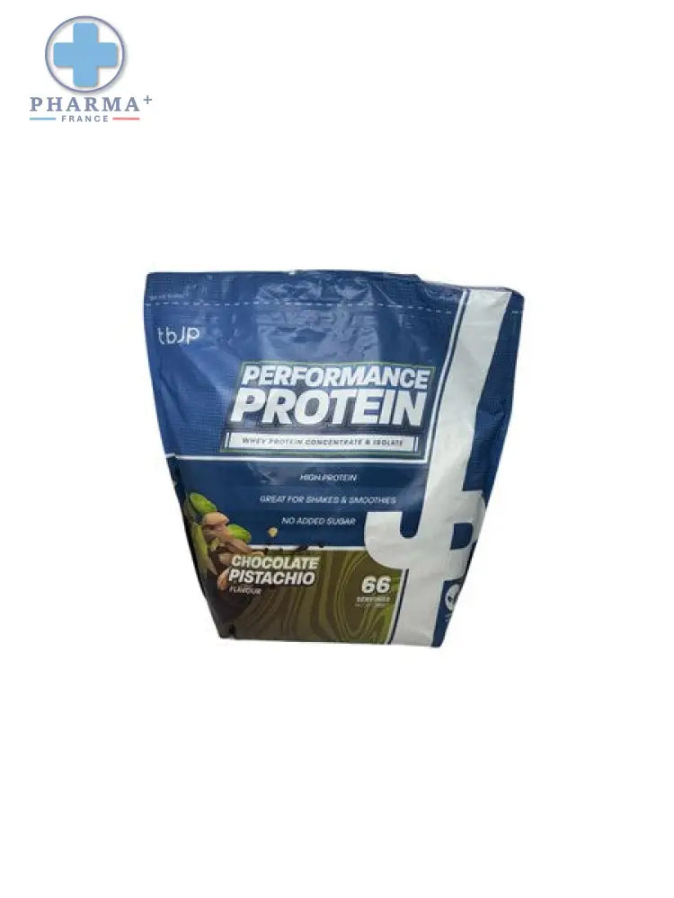 Pochon bleu et blanc de trained by jp performance protéine chocolat pistache pour nutrition sportive protéinée