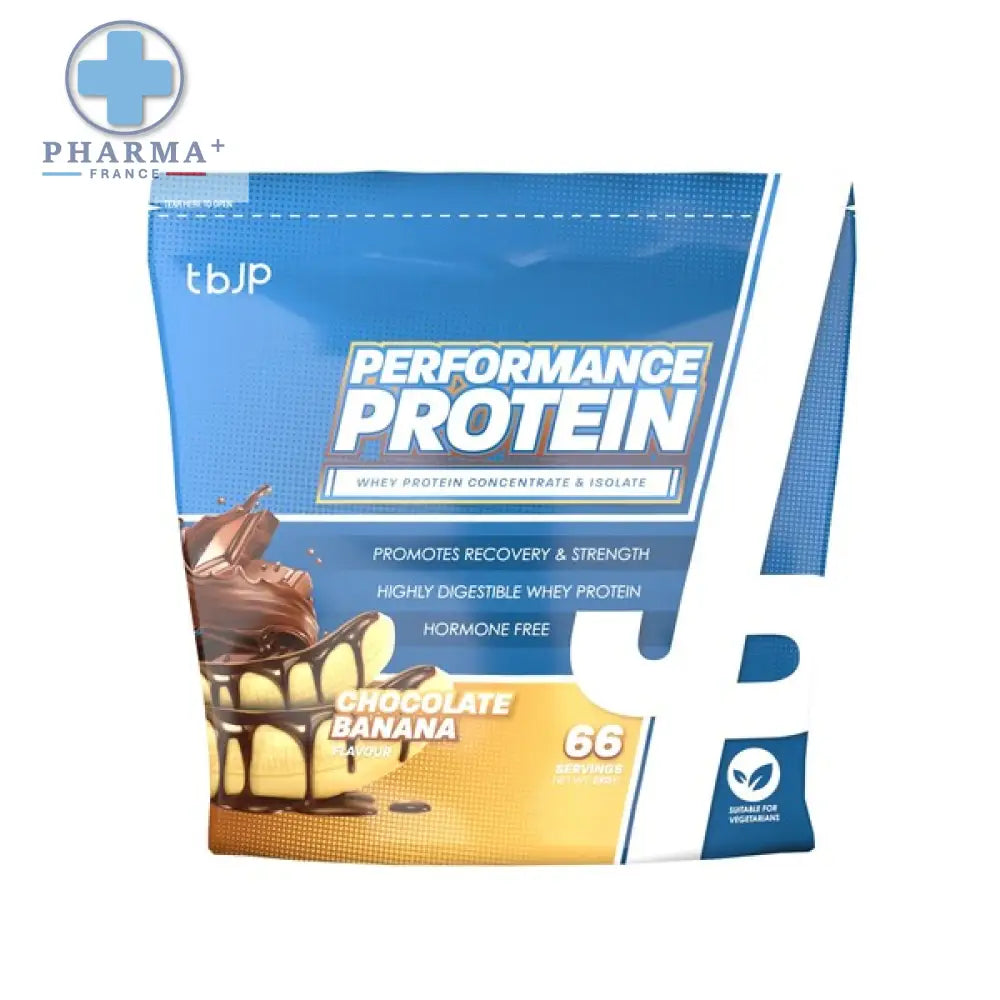 Pochette bleu et blanche de performance protéine tbjp saveur chocolate banana pour nutrition sportive protéinée