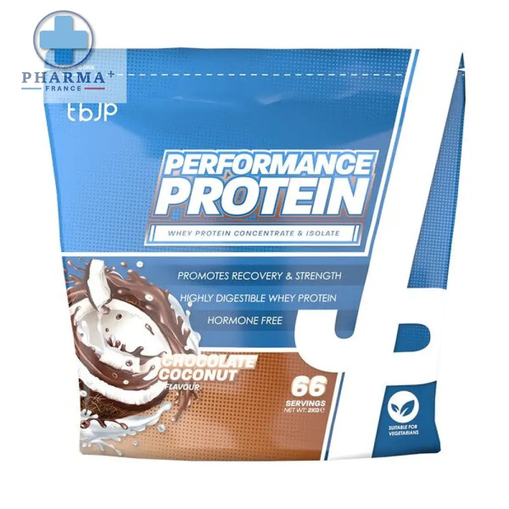 Pochette bleue et marron de trained by jp performance protéine nutrition sportive protéinée saveur chocolate coconut 2 kg