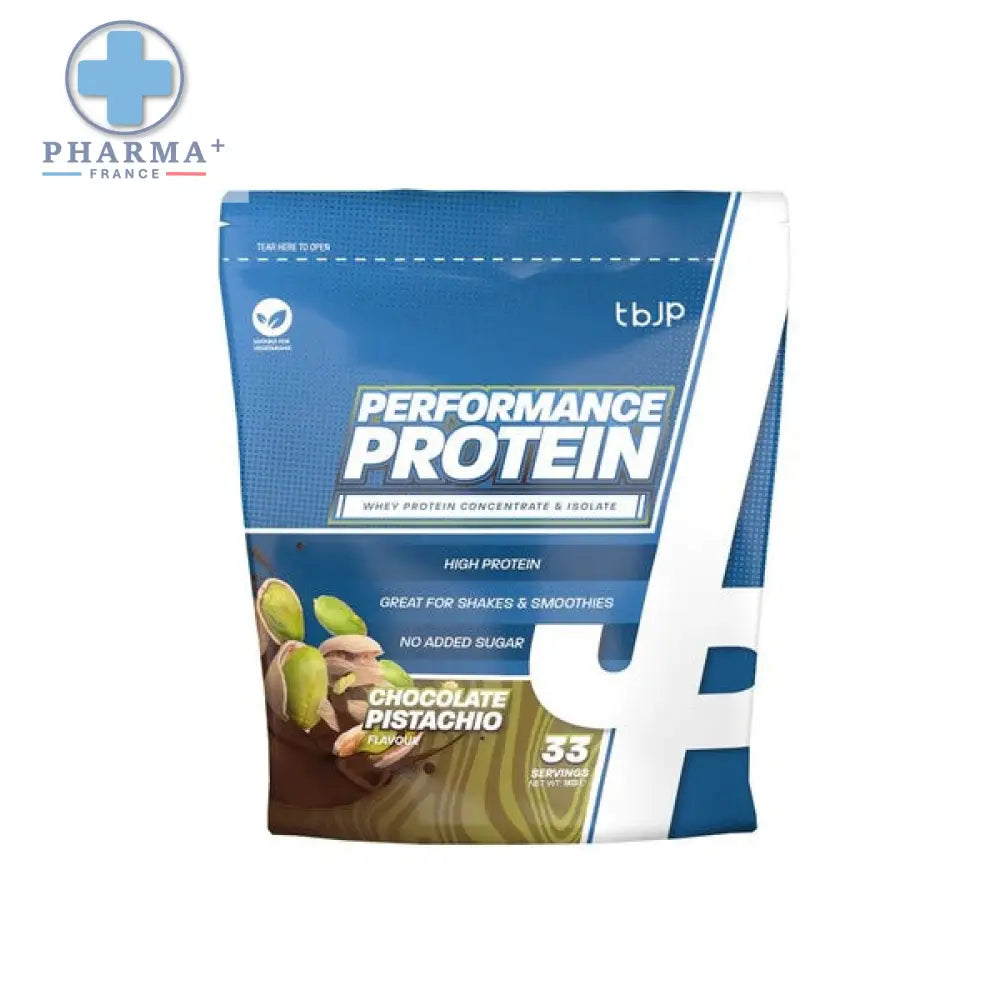 Pochette bleue et blanche de performance protéine trained by jp saveur chocolate pistachio pour nutrition sportive protéinée