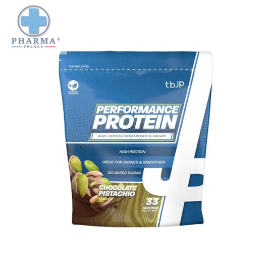 Pochette bleue et blanche de performance protéine trained by jp saveur chocolate pistachio pour nutrition sportive protéinée