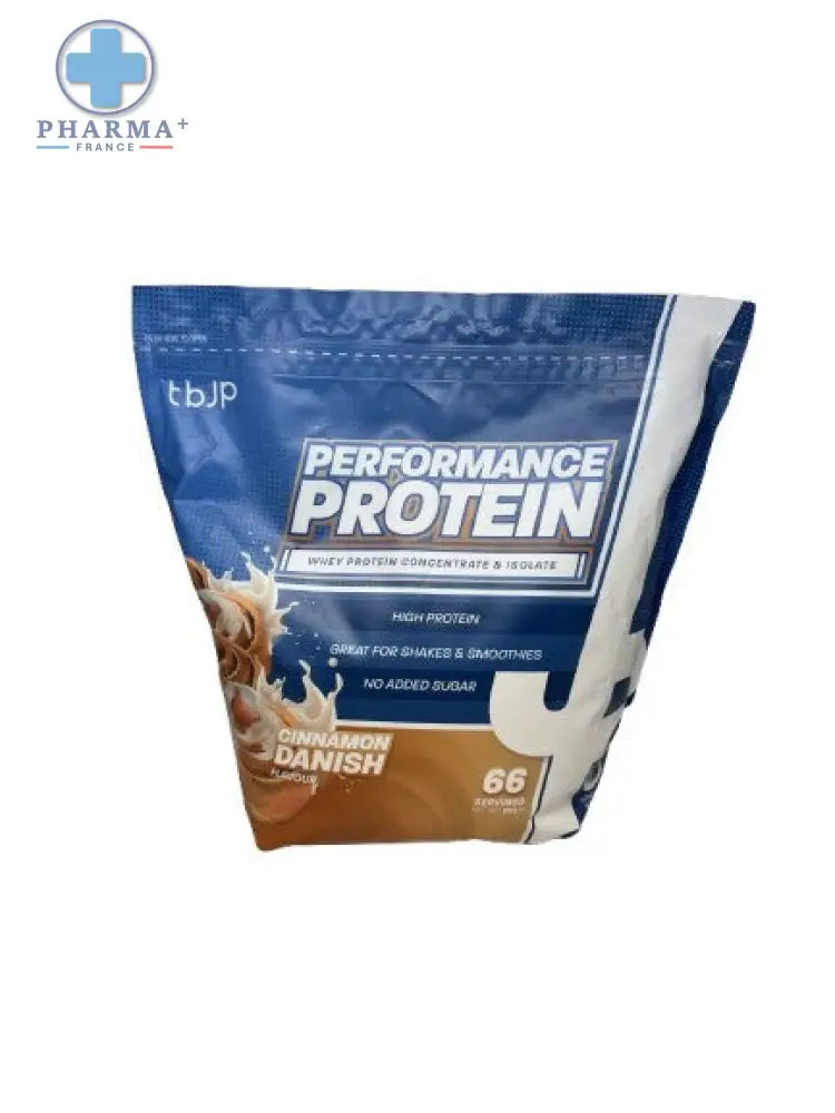 Poudre de performance protéine cinnamon danish en sachet refermable bleu blanc et marron de 2 kg trained by jp