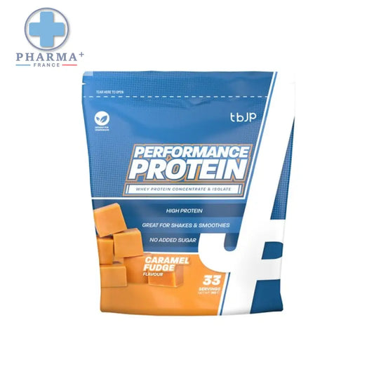 Pochette bleu et orange de trained by jp performance protéine saveur caramel fudge