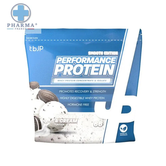 Poche bleue et blanche de trained by jp performance protéine smooth oreo et cream 2kg saveur oreo et cream