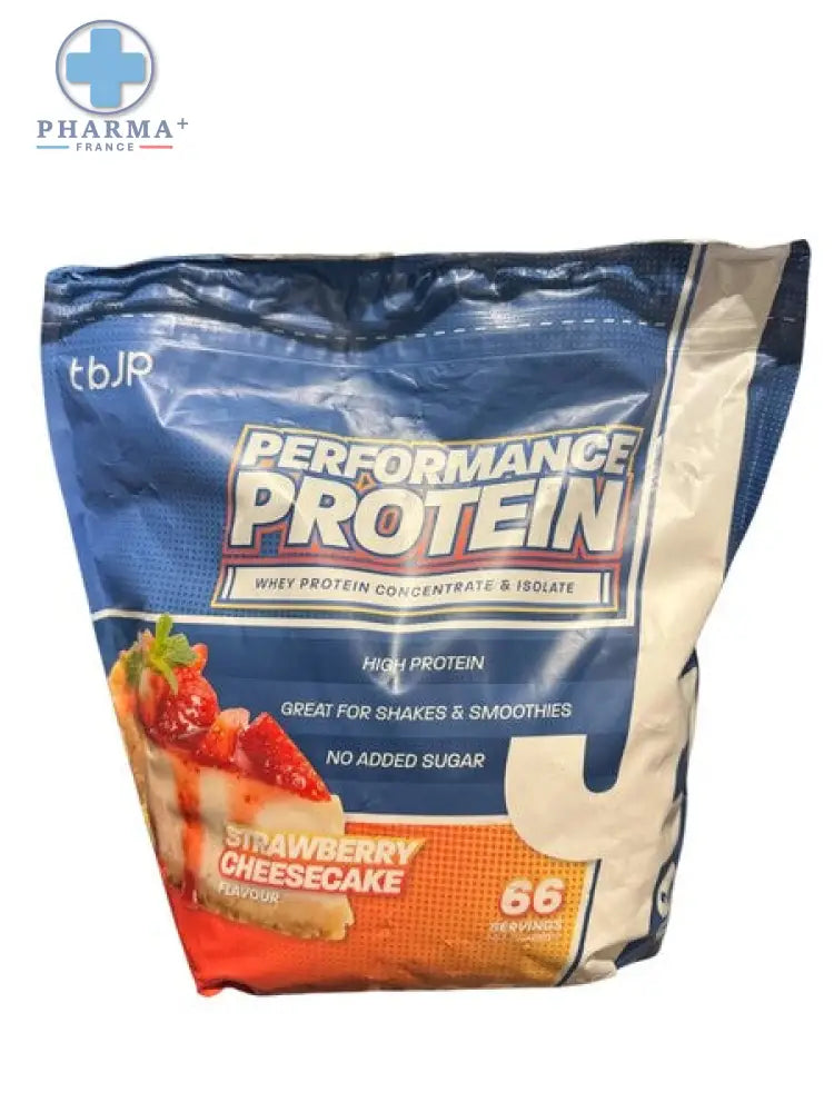 Sachet bleu et orange de trained by jp performance protéine 2kg saveur strawberry cheesecake pour nutrition sportive protéinée