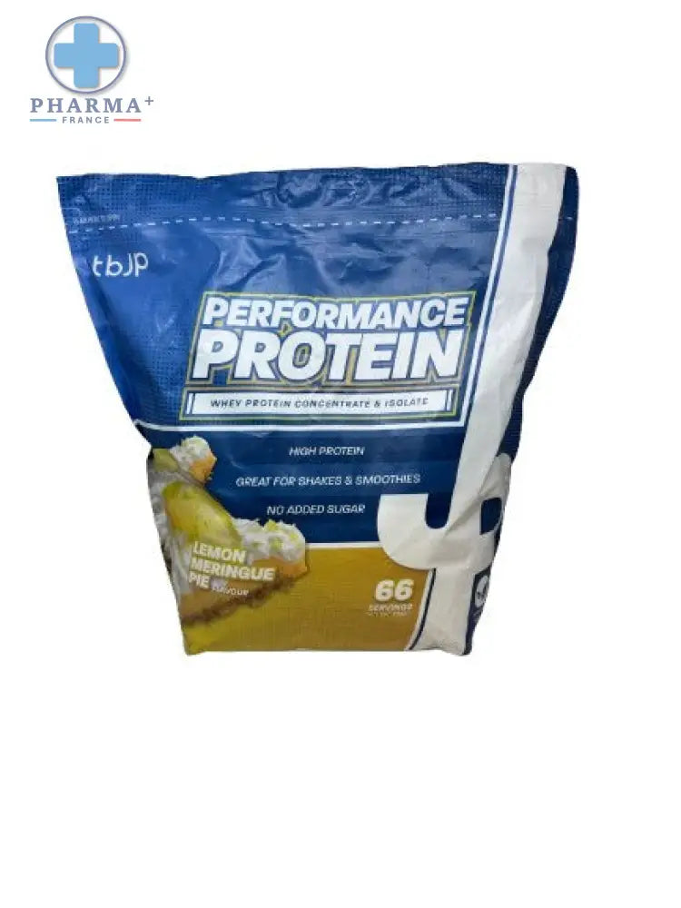 Sachet de protéine performance trained by jp saveur lemon meringue pie en sachet bleu et blanc plastique brillant
