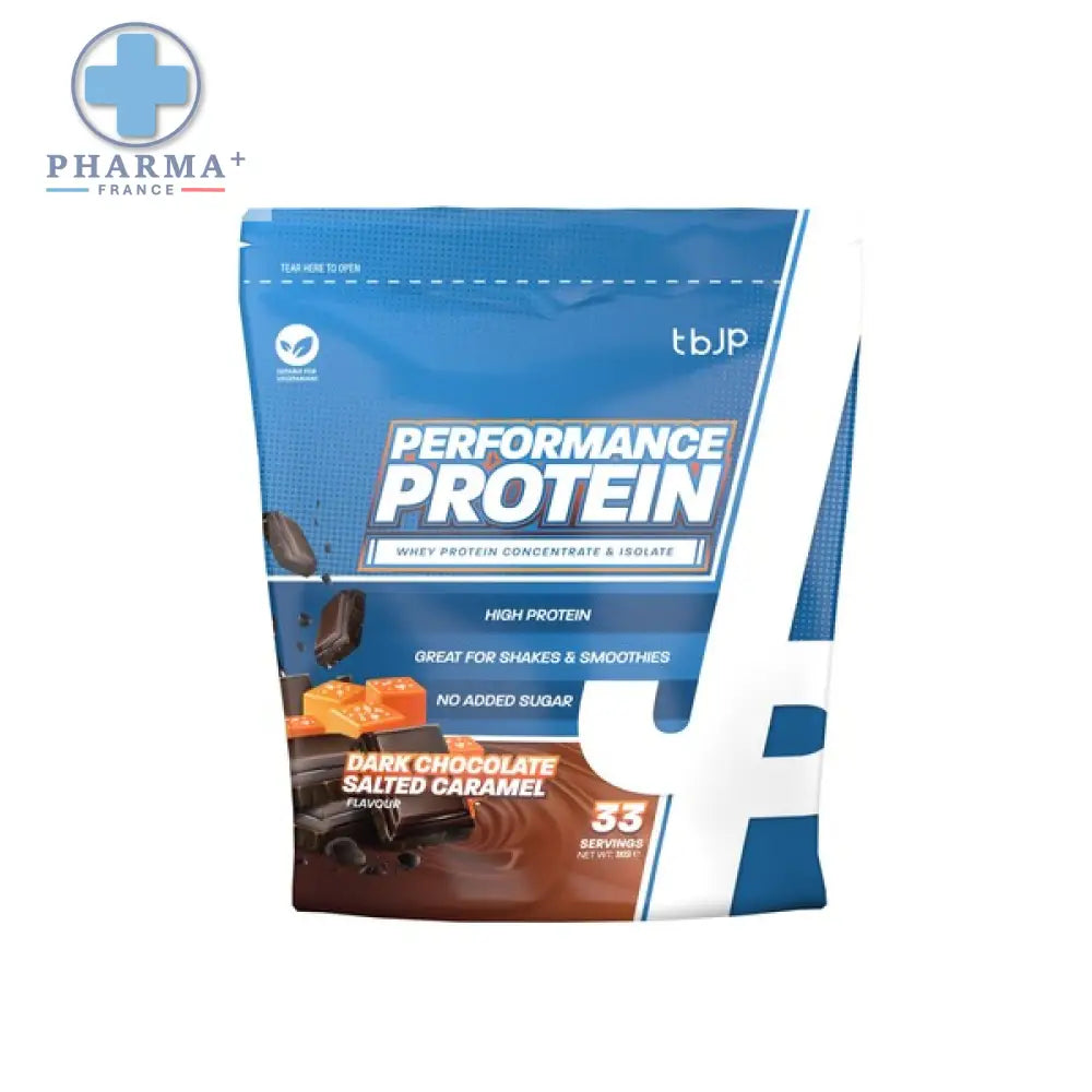Pochette bleue et blanche de protéine tbjp performance au chocolat salted caramel de 2 kg