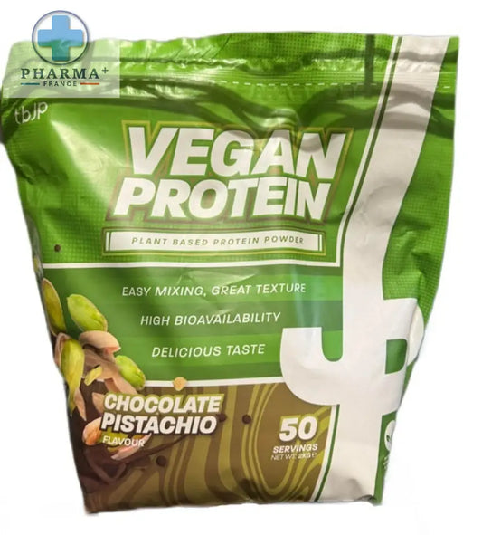 Sachet vert et blanc de vegan protéine chocolat pistache entraîné par jp pour nutrition sportive protéinée