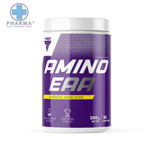 Contenant cylindrique violet de trec nutrition amino eaa avec couvercle blanc pour complément d’acides aminés 300 g