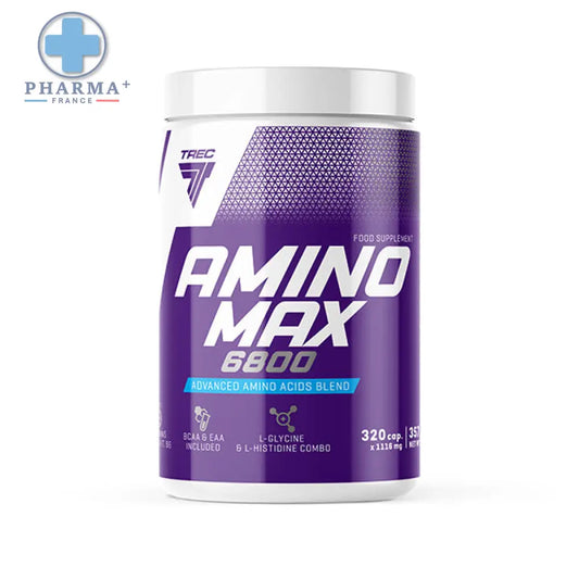 Container cylindrique violet avec couvercle blanc et étiquette amino max 6800 de trec nutrition 320 capsules