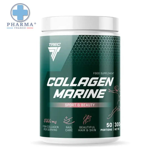White cylindrical container with dark green trec nutrition label for collagène marine sport et beauté 200 g