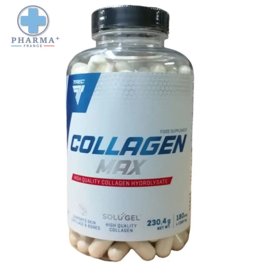 Bouteille en plastique transparent avec capsules blanches collagen max de trec nutrition collagène max 180 capsules