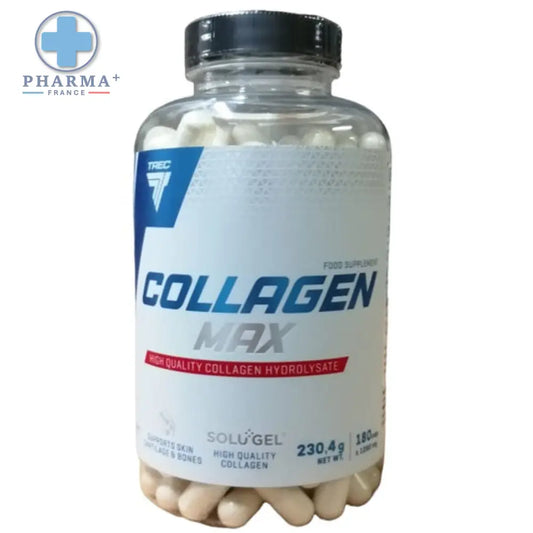 Bouteille en plastique transparent avec capsules blanches collagen max de trec nutrition collagène max 180 capsules