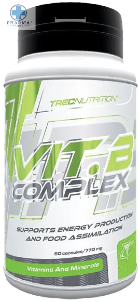 Bouteille de complément alimentaire trec nutrition vitamine b complex avec étiquette blanche et verte et bouchon noir