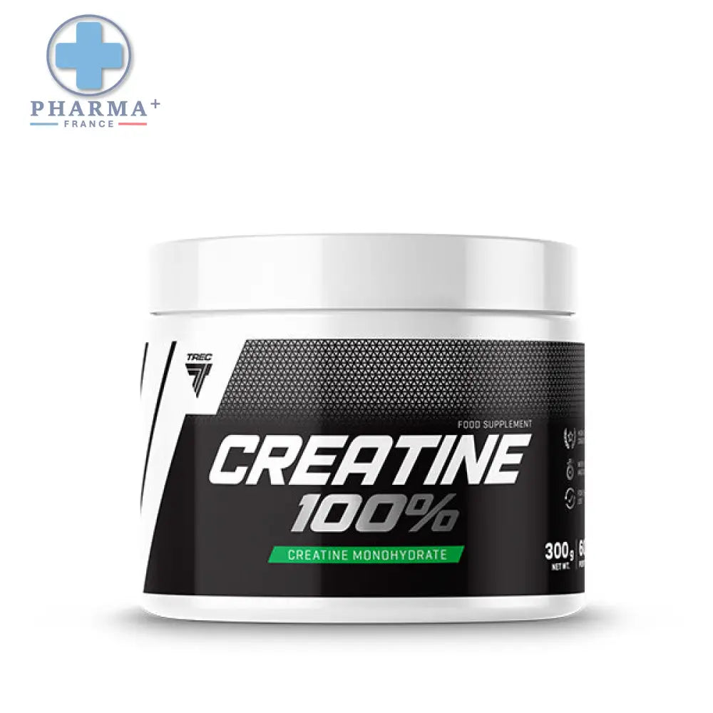 Conteneur cylindrique blanc trec nutrition créatine 100% avec étiquette noire et verte complément alimentaire poudre