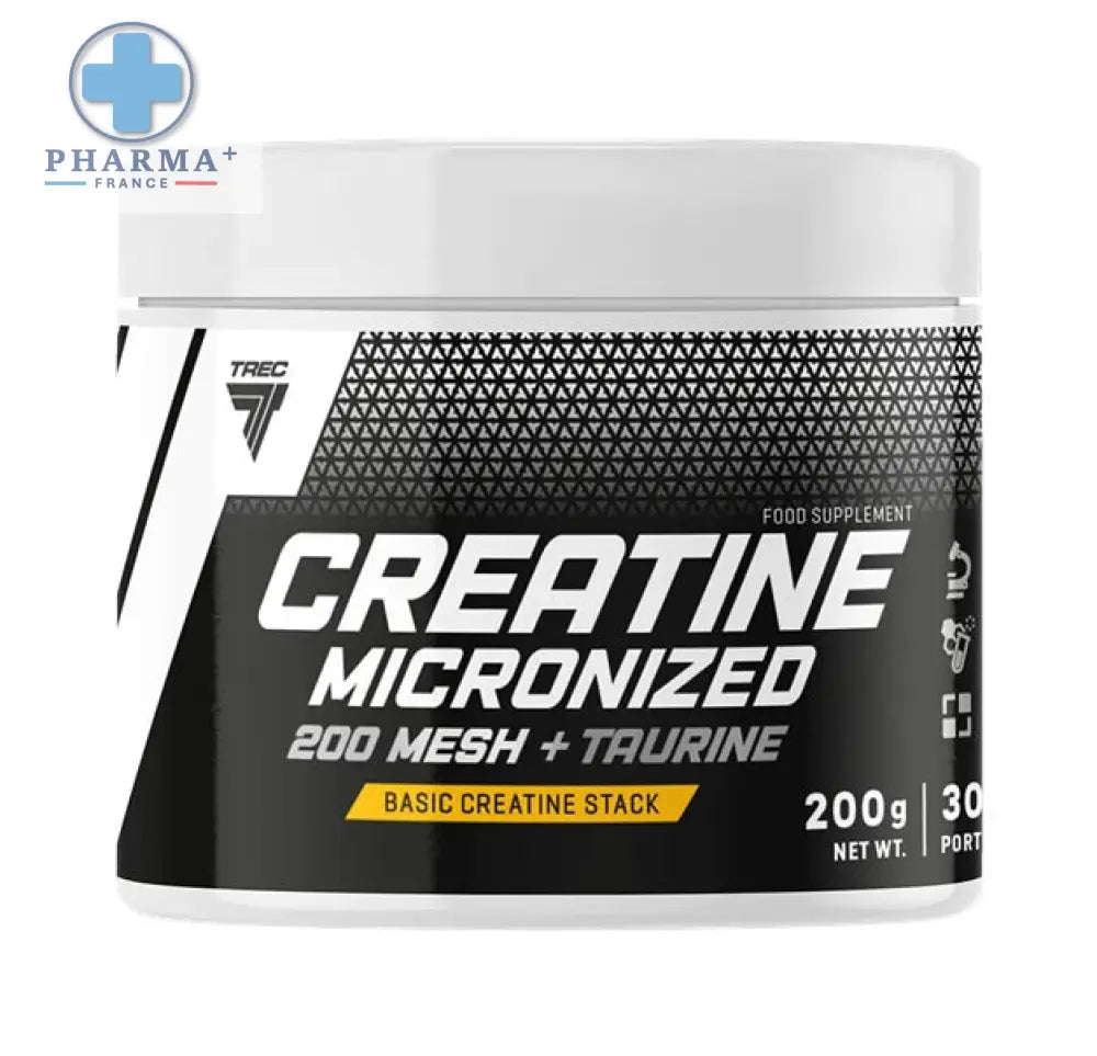 Conteneur blanc et noir de trec nutrition créatine micronisée 250 g avec étiquette géométrique et texte blanc audacieux