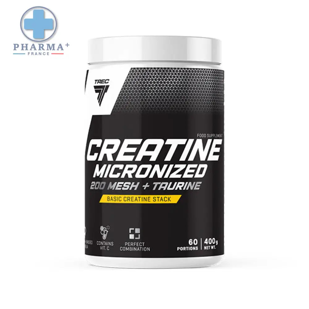 Black and white cylindrical container of trec nutrition créatine micronized 200 mesh et taurine with textured label pattern