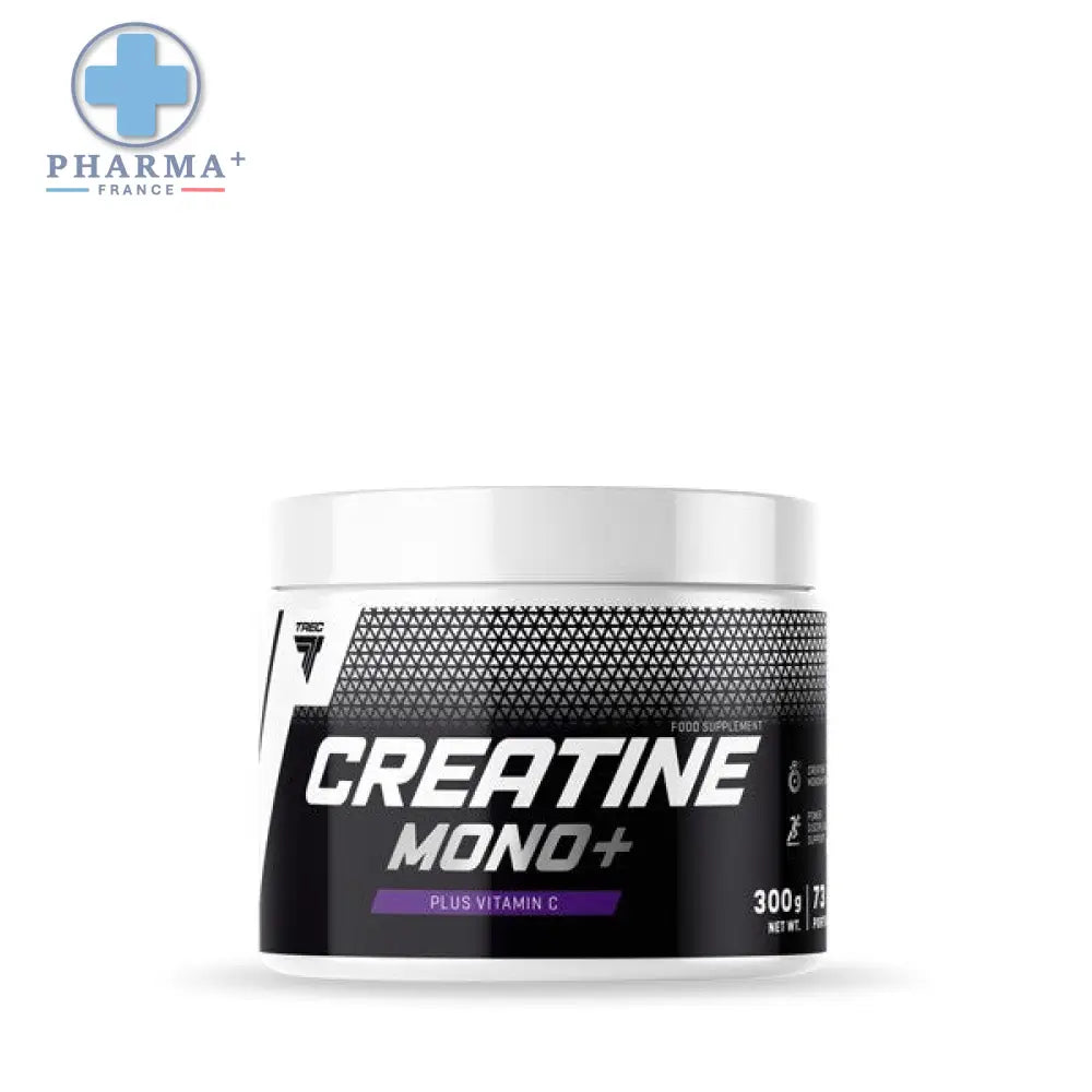 Black and silver cylindrical container with white lid labeled creatine mono by Trec Nutrition for green apple flavor