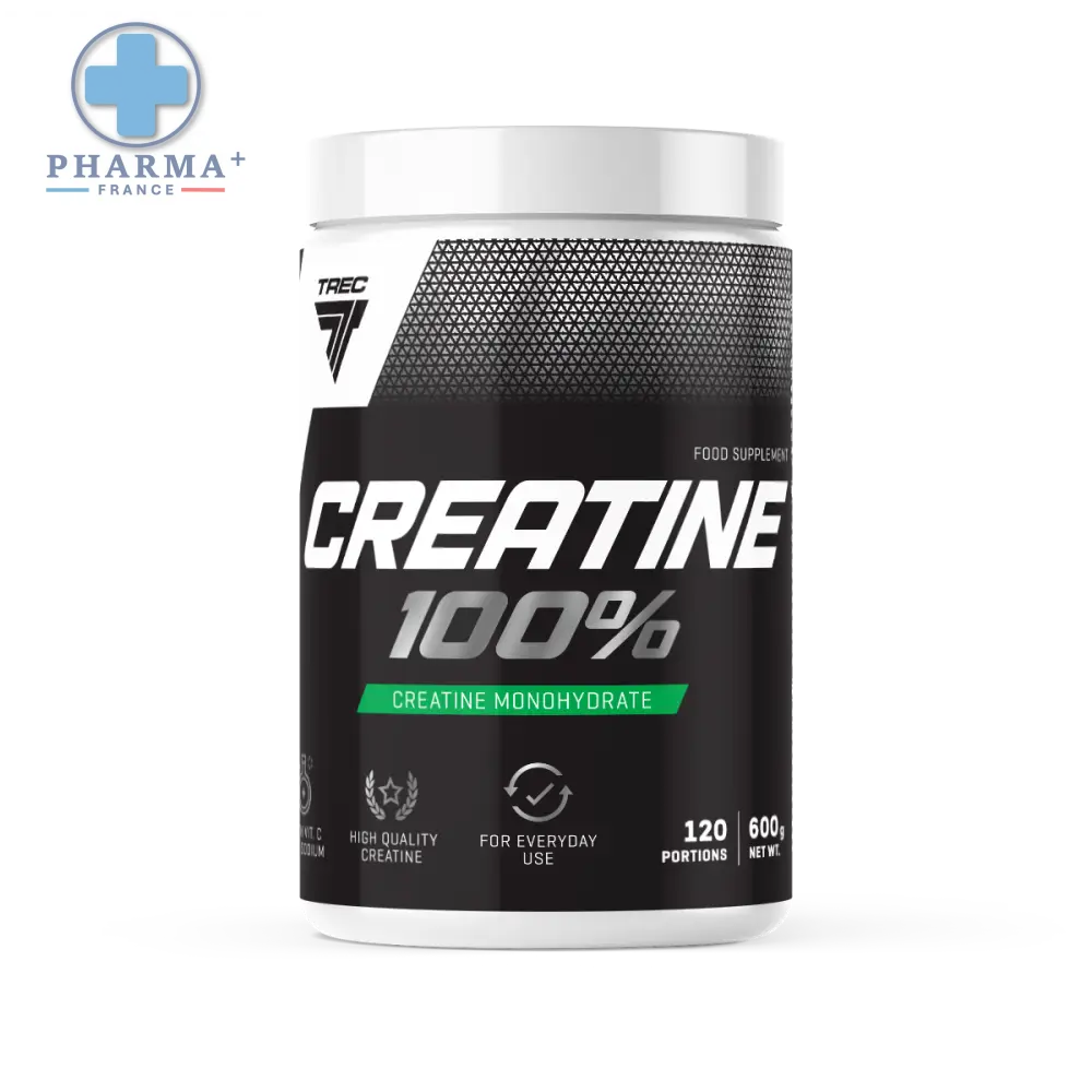 Contenant cylindrique blanc et noir de trec nutrition créatine monohydrate 100 pour cent avec étiquette géométrique verte 300 g
