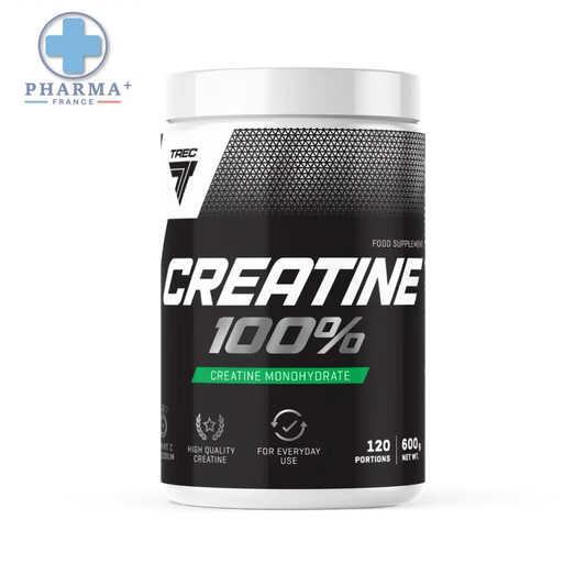 Contenant cylindrique blanc et noir de trec nutrition créatine monohydrate 100 pour cent avec étiquette géométrique verte 300 g