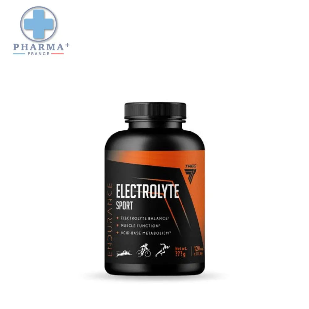 Bouteille noire en plastique trec nutrition electrolyte sport endurance avec étiquette orange et noire 60 capsules