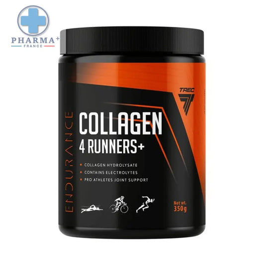 Conteneur cylindrique noir et orange de trec nutrition endurance collagène 4 runners poudre 400 g avec couvercle côtelé noir