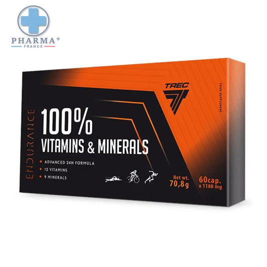 Boîte rectangulaire orange et noire de trec nutrition endurance complément vitamines et minéraux 90 gélules