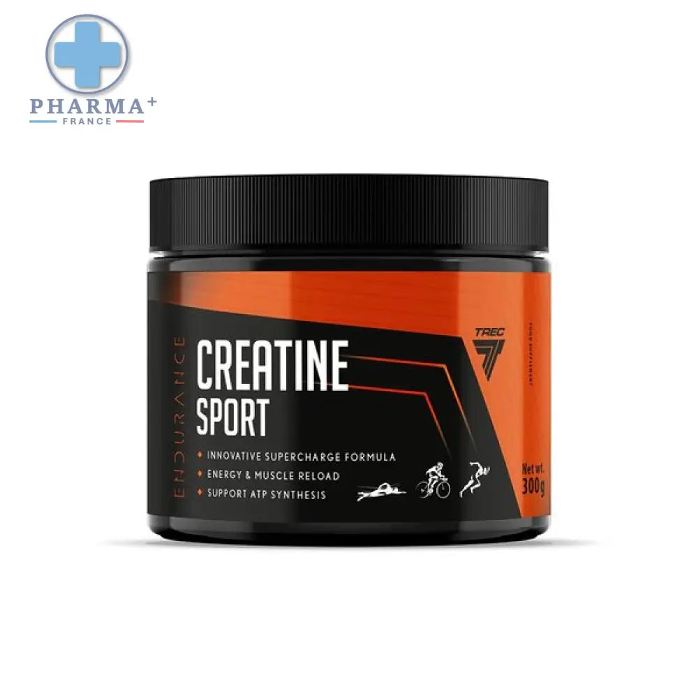 Trec nutrition endurance créatine en poudre dans un pot orange et noir avec couvercle noir cannelé