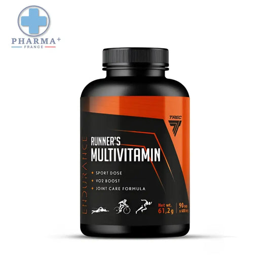 Bouteille noire en plastique avec étiquette orange et noire trec nutrition endurance runner multivitamines 90 gélules