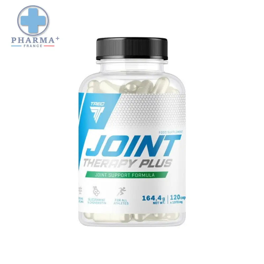 Bouteille transparente avec capsule noire contenant 60 capsules blanches trec nutrition joint therapy plus pour articulations