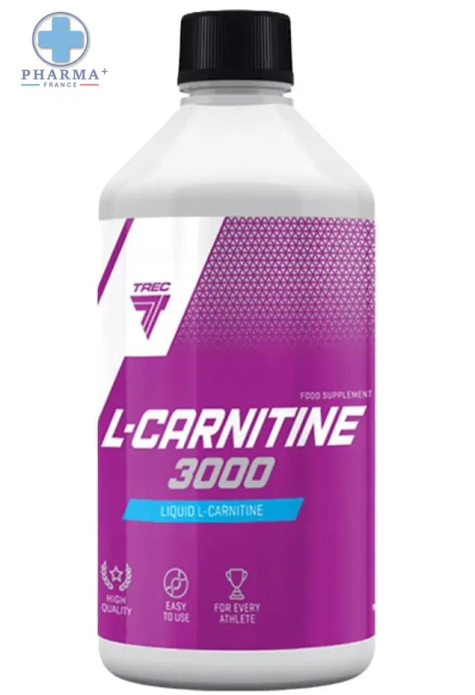 Bouteille de 500 ml de trec nutrition l-carnitine 3000 liquide minceur étiquette violette et blanche avec bouchon noir