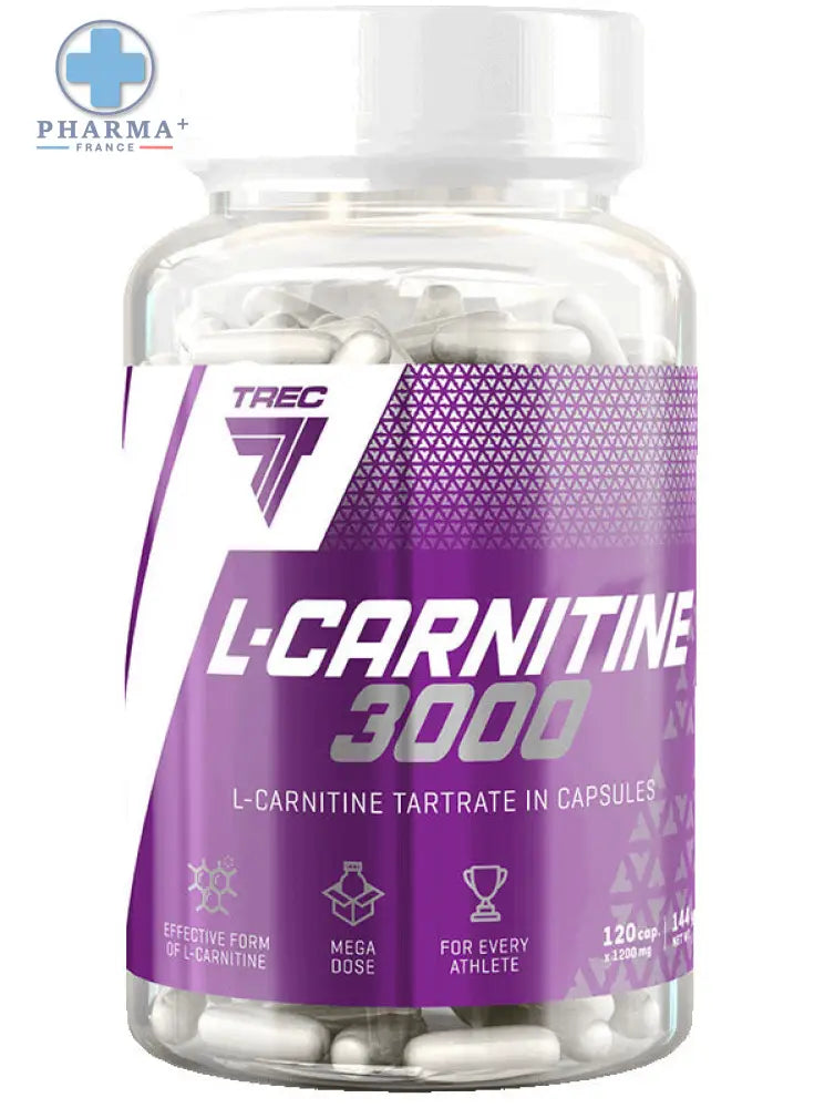 Bouteille étiquetée en violet et blanc de trec nutrition l-carnitine 3000 complément minceur 60 capsules