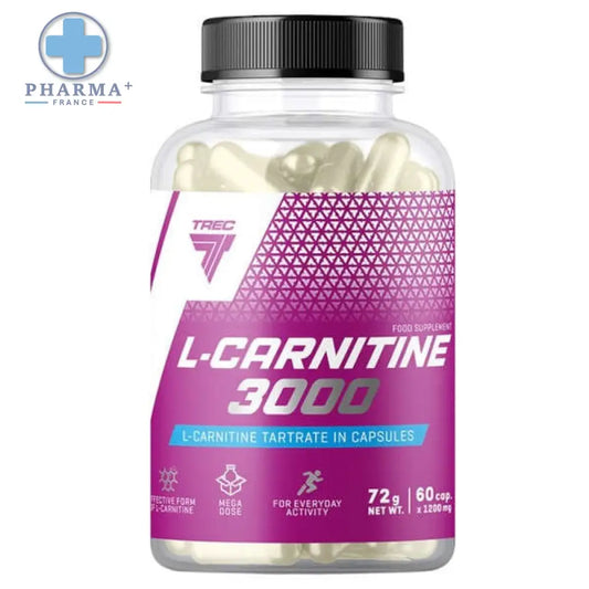 Bouteille l-carnitine 3000 gélules trec nutrition avec étiquette violette et blanche et bouchon noir compléments minceur