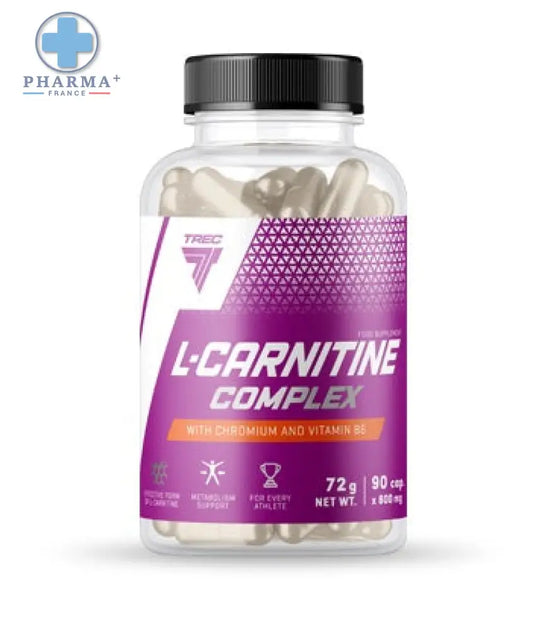 Une bouteille plastique transparente avec bouchon noir contient 90 capsules translucides de trec nutrition l-carnitine complex avec chrome et vitamine b6