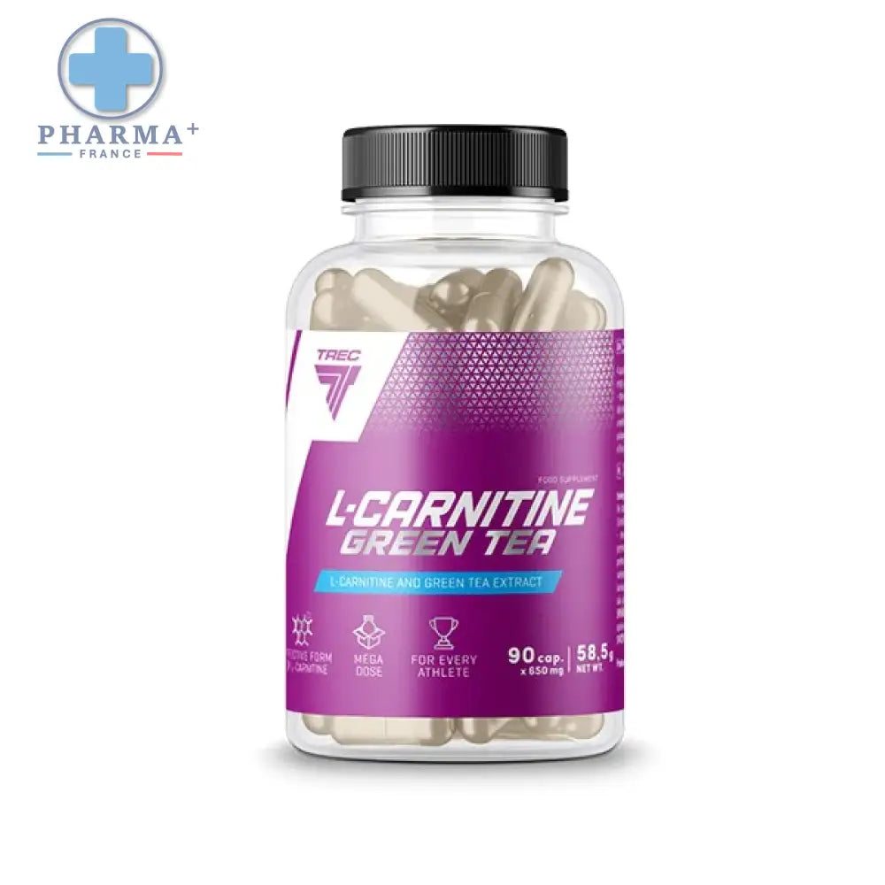 Bouteille translucide trec nutrition l-carnitine thé vert 90 capsules avec étiquette violette et bouchon noir