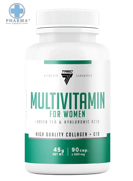 Bouteille blanche en plastique de trec nutrition multivitamin femmes avec étiquette verte et ingrédients thé vert et acide hyaluronique