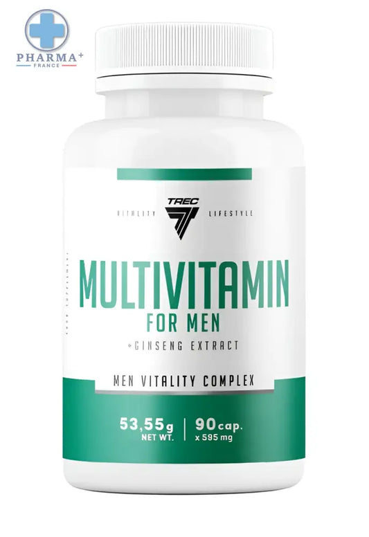 Bouteille plastique blanche de trec nutrition multivitamin homme au ginseng avec étiquette verte et blanche