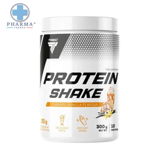 Pot de protéine trec nutrition caramel and vanilla 700 g blanc avec couvercle argent motif maille et étiquette noir blanc orange