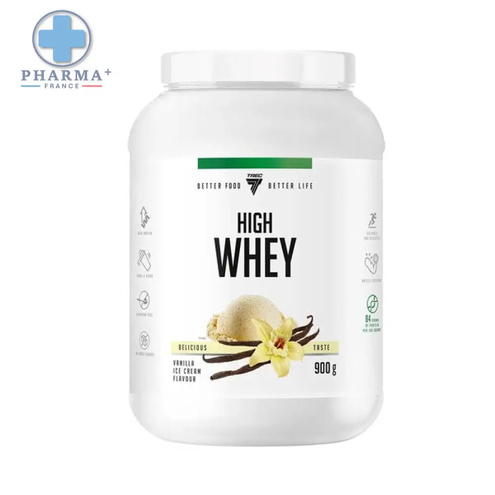 Pot de plastique blanc de protéine whey tric high saveur vanilla ice cream en poudre de trec nutrition