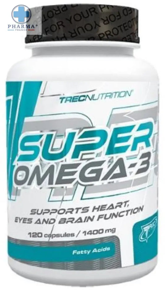 Bouteille blanche en plastique avec étiquette bleu canard et grise de trec nutrition super omega 3 complément alimentaire 60 capsules